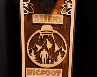 Handcrafted Bottle Opener Bigfoot and Alien