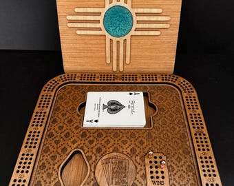 Handmade Wooden Cribbage Board with New Mexico Zia Lid