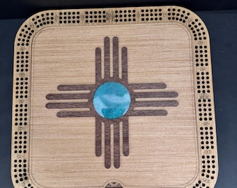 Handmade Wooden Cribbage Board with New Mexico Zia Lid