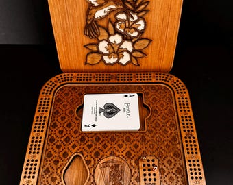Handmade Wooden Cribbage Board with Hummingbird Lid