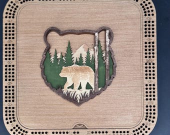 Handmade Wooden Cribbage Board with Bear Lid