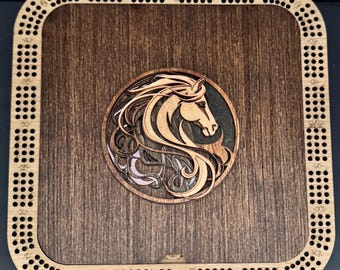 Handmade Wooden Cribbage Board with Horse Lid