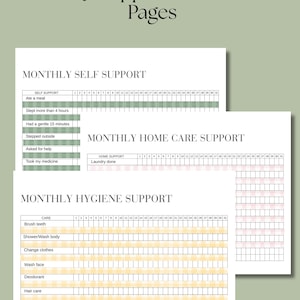 Könnte beinhalten: Drei bedruckbare Seiten mit dem Text "Monthly Support - 3 Printable Pages". Die Seiten tragen die Titel "Monthly Self Support", "Monthly Home Care Support" und "Monthly Hygiene Support". Jede Seite hat eine Tabelle zur täglichen Verfolgung.