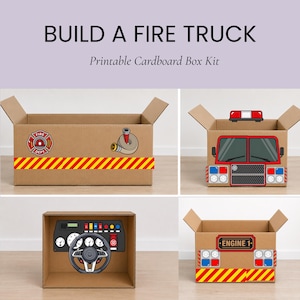 May include: A printable cardboard box kit titled BUILD A FIRE TRUCK. The kit includes graphics of a fire department logo, a hose, a red and yellow striped bumper, a fire truck windshield, a dashboard with a steering wheel, and ENGINE 1 text.
