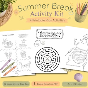 May include: A Summer Break Activity Kit featuring 4 printable kids activities. The pages include cutting practice with holiday-themed illustrations, a Thursday maze with a bear, and a scarab beetle coloring page. Includes 34 pages in PDF format.