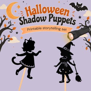 May include: A Halloween Shadow Puppets printable storytelling set featuring black silhouettes of a cat-eared figure and a witch with a broomstick on wooden sticks. The design includes a flashlight, a crescent moon, bats, and trees on a light purple background.