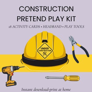 Construction Pretend Play Kit, Printable Builder Headband, Kids Activity Cards, Play Tools, Construction Dramatic Play