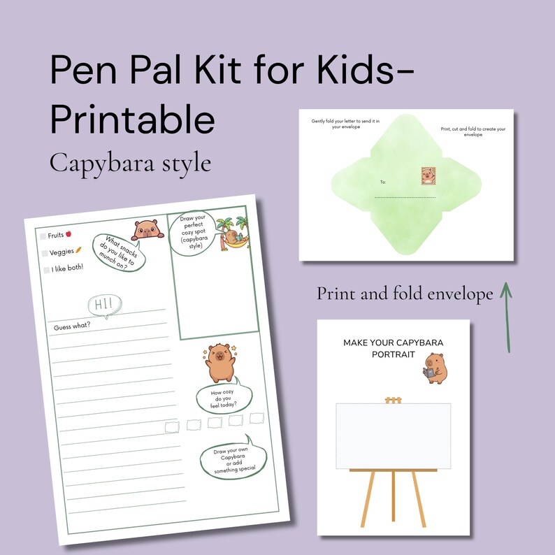 Capybara Pen Pal Kit, Kids Printable Letter Writing Set (digital ...