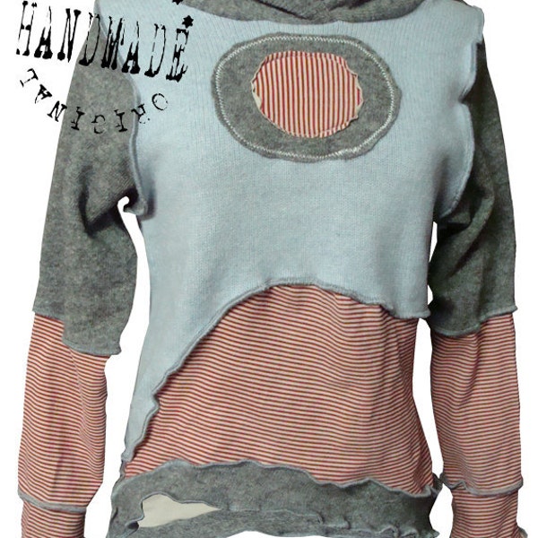 SWEET SWEATER size S Made from recycled sweaters, reuse, recycle, upcycle, eco friendly - light blue, light grey and a cream....