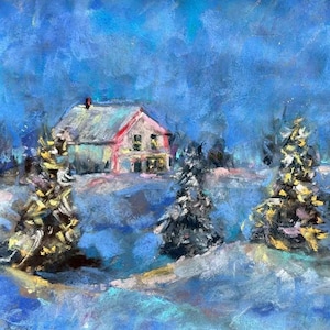 Peinture pastel pins givrés : oeuvre d&#39;art originale de paysage d&#39;hiver (12 x 9 pouces)