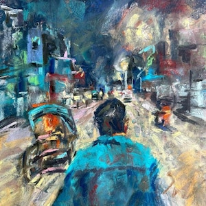Rickshaw Pastel Painting: South Asian Cityscape Art - 9x12 Original