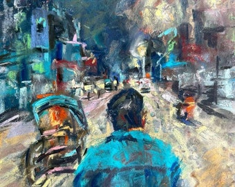 May include: A pastel drawing of a person walking down a street at night. The person is wearing a blue jacket and is walking away from the viewer. The street is lined with buildings and there are streetlights in the background.