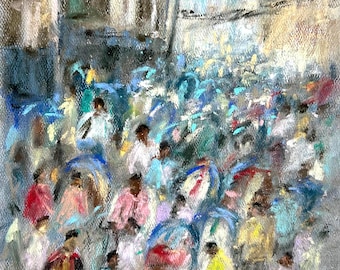 May include: An impressionistic painting of a crowded street scene. The artwork features a multitude of figures, many with umbrellas, rendered in a palette of blues, pinks, and yellows. The style suggests a bustling urban environment.