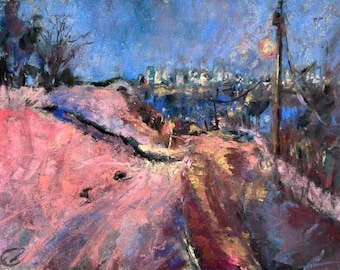 Original Pastel Night City Painting, Evening Street, 12x9