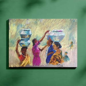 May include: Oil painting depicting several people, some wearing colorful clothing, carrying water pots on their heads. The artwork features a warm color palette with shades of yellow, pink, and blue. The painting is set against a light background.