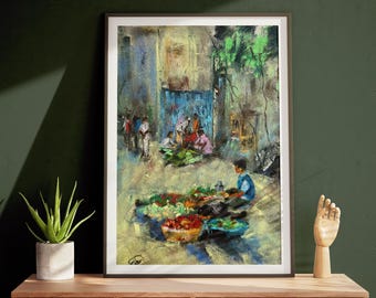South Asian Street Market Art Print: Indian Bazaar Painting (Digital Download)