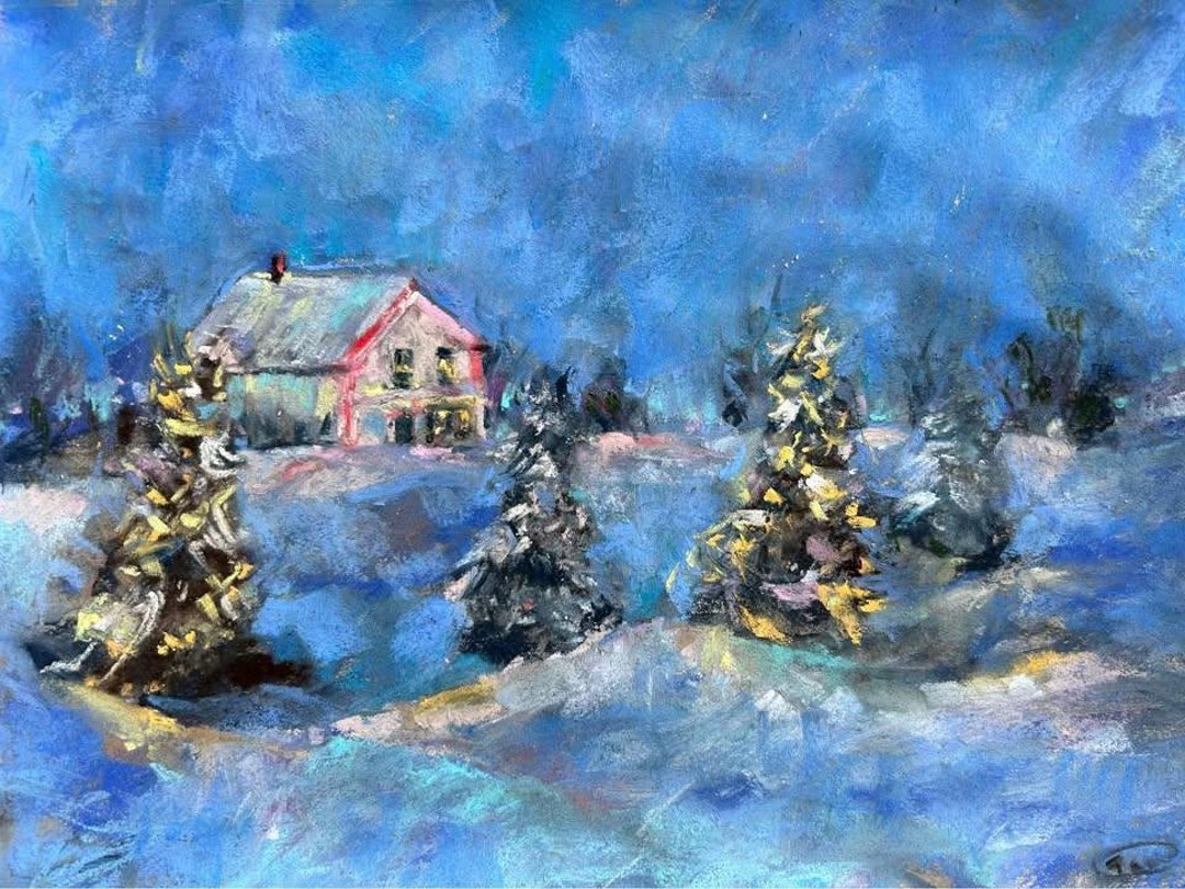 Frosted Pines Pastel Painting: Original Winter Landscape Art (12x9