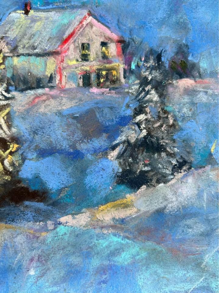 Frosted Pines Pastel Painting: Original Winter Landscape Art (12x9