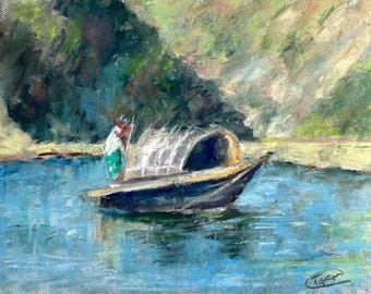 Original Pastel Painting: South Asian River Boat Scene, 9x12 Unframed