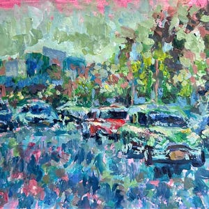 Original City Traffic Painting: Colorful Impressionist NYC Street Scene, 10x7in