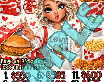 Love Chicken Bingo 15 line bingo board, Pro. board, Themed Bingo Boards, One price buy in