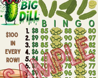 100 Big Dill Bingo, Tabuleiro de Bingo de 15 Linhas, Bingo, Bingo Profissional, Tabuleiro de Bingo, Bingo PYP, Bingo IER