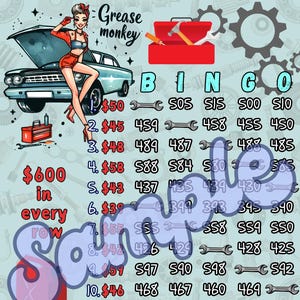 May include: A blue and white car with the hood open. A woman in a red and white outfit is leaning on the car. The image is a bingo card with the numbers 50, 459, 458, 455, 450, 489, 487, 488, 485, 588, 584, 580, 585, 437, 435, 439, 430, 399, 393, 395, 340, 558, 559, 550, 426, 424, 428, 425, 597, 590, 598, 592, 468, 467, 460, 469, 568, 563, 565, 567, 410, 418, 415, 412, 455, 450, 457, 459, 400, 405, 407, 408, 588, 589, 592, 590. The text "Grease monkey" is at the top of the image. The text "$600 in every row" is on the left side of the image.
