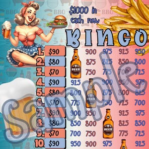 1000 Burgers Bingo, 15 line bingo board, PYP Bingo, Pro. board, Themed Bingo Boards, BNO boards, IER Bingo