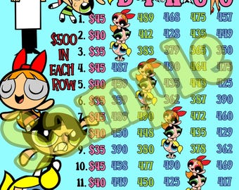 500 Puff Girls, 15 line bingo board, PYP Bingo, Pro. board, Themed Bingo Boards, BNO boards, IER Board