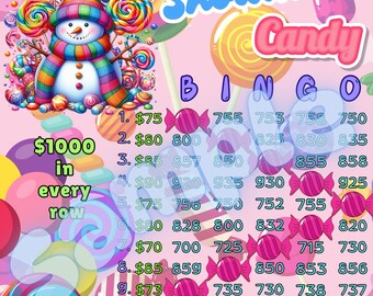 1000 Candy Snowman Bingo, tabuleiro de bingo de 15 linhas, PYP Bingo, tabuleiro Pro., tabuleiros de bingo temáticos, tabuleiros BNO, IER Bingo