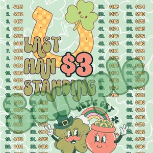 May include: A green shamrock and a gold pot of coins with a smiling face. The text "Last Man Standing $3 Let's Get Lucked Up" is written in a retro font. A numbered list of dollar amounts is on the left and right sides of the image.