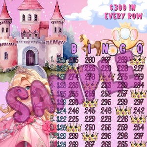 Puede incluir: Una tarjeta de juego de Bingo rosa y morada con un tema de princesa. La tarjeta presenta un castillo, un carruaje tirado por caballos y una ilustración de princesa. El texto "$300 IN EVERY ROW" se muestra en la parte superior. Los números y las coronas están dispuestos en filas.