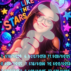 May include: A digital illustration featuring a person with long brown hair and glasses, set against a vibrant cosmic background with colorful stars, a crescent moon, and planets. The text SHINE LIKE THE STARS is displayed in bold, multi-colored letters.