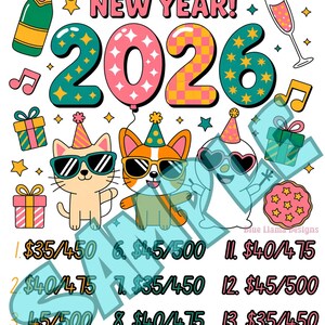 Könnte beinhalten: Bunte Illustration mit dem Text "CHEERS TO A BRIGHT NEW YEAR! 2026". Das Bild zeigt Zeichentricktiere, Champagner, Noten und Geschenkboxen. Die Nummern 1-15 sind unter den Tieren aufgeführt.