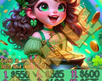 Pot of gold Bingo 15 line bingo board, Pro. board, Themed Bingo Boards, One price buy in