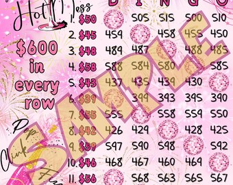 600 Pink New Years ier Bingo, 15 line bingo board, PYP Bingo, Pro. board, Themed Bingo Boards, BNO boards, IER Board