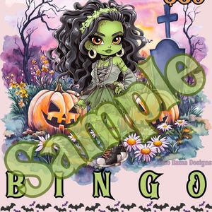 May include: A Halloween-themed bingo card featuring a green-skinned cartoon character with black hair, a green dress, and a pair of black and red sneakers. The background includes jack-o'-lanterns, a tombstone, and the word "Bingo" in large green letters.