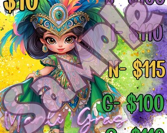 Cartela de bingo de 15 linhas com tema de Garota do Mardi Gras, Bingo, Cartela profissional, Cartelas de bingo temáticas, Compra única