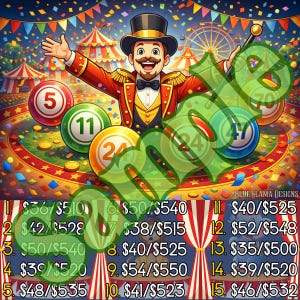 May include: A colorful illustration of a circus ringmaster with a top hat and mustache, surrounded by bingo balls and a carnival setting. The image includes a Ferris wheel, tents, and confetti, with numbers and text.