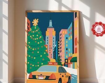 Winter City Print New York Taxi Art Christmas NYC Travel Poster Empire State Festive Preppy Holiday Wall Decor