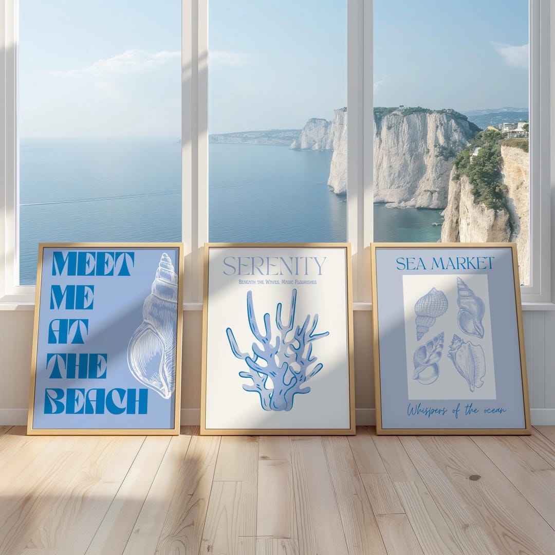 Blue Shell Ptints Shell Prints, Beach Gallery Wall, Shell Gallery Art, Coastal Gallery ...