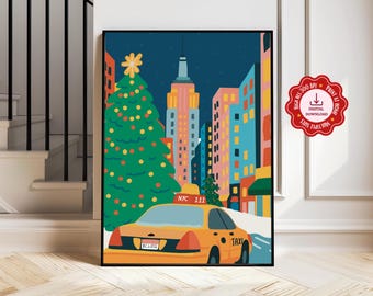 Handmade NYC Christmas Print | Festive Taxi, Winter City Art (Digital Download)