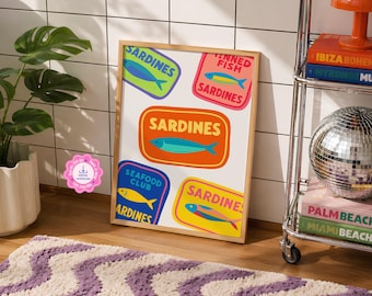 Seafood Wall Art | Sardines Print, Fish Market Poster for Coastal Kitchen Decor & Dopamine Decor