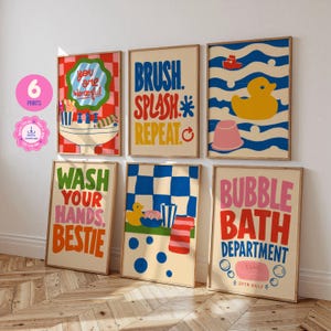 May include: A set of six colorful bathroom-themed wall art prints. Designs include a sink with the text you are wonderful, the words brush splash repeat, a yellow rubber duck, the text wash your hands bestie, a checkered pattern, and bubble bath department.