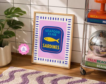 Sardines Wall Art | Seafood Club Print, Fish Market Poster for Coastal Kitchen Decor
