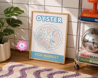 Lámina decorativa de ostras para pared / Estampado de mercado de pescado italiano / Decoración de cocina costera (Descarga digital)