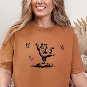 Dancing Kitty Comfort Colors T-shirt, Whimsical Cat Tee, Cottagecore Cat Shirt, Cat and Butterfly Shirt, Dancing Cat