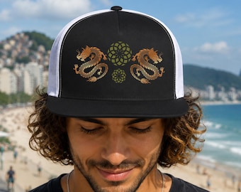 Dragon Sacred Geometry Trucker Hat | Geometric Tattoo Streetwear Cap | Alt Fashion Festival Streetwear