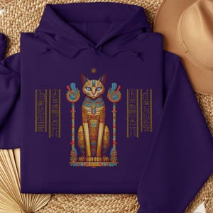 Ägyptische Katze Hoodie, altes Ägypten Sweatshirt, Gildan 18500, Katzenliebhaber Geschenk, spirituelle Kleidung, New Age Mode, Hieroglyphen, Ägyptologe Bild 3