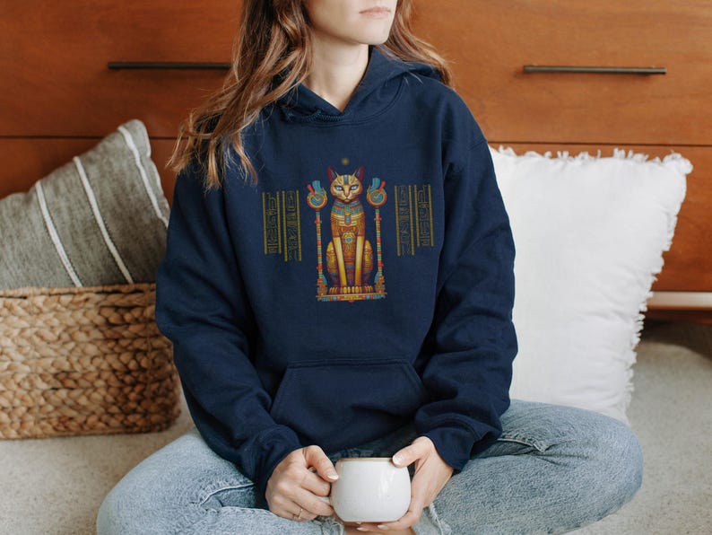 Ägyptische Katze Hoodie, altes Ägypten Sweatshirt, Gildan 18500, Katzenliebhaber Geschenk, spirituelle Kleidung, New Age Mode, Hieroglyphen, Ägyptologe Bild 9